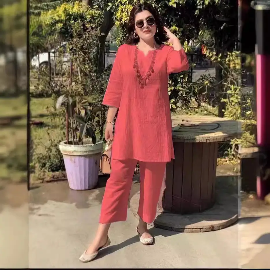 2022 Summer Women's Pink Pullover Kurta Set - Image 10