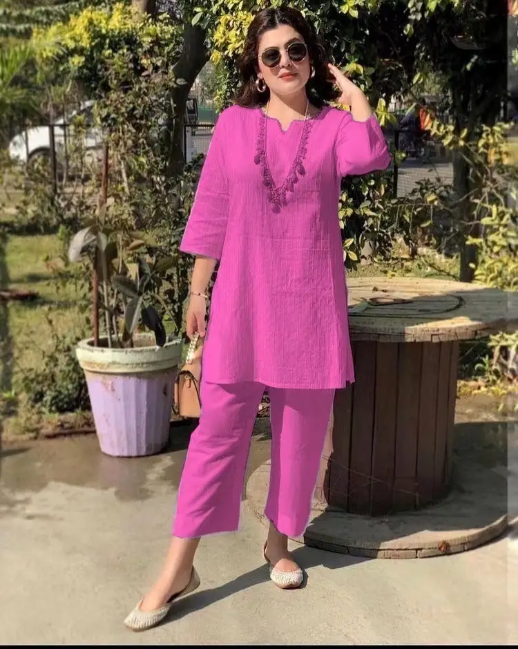 2022 Summer Women's Pink Pullover Kurta Set - Image 5