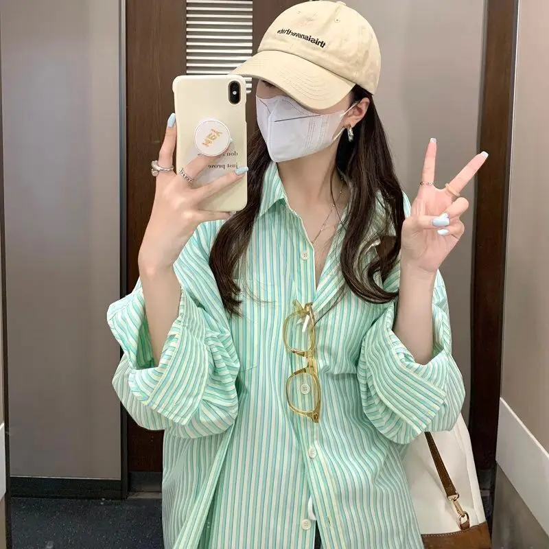 Women's Long Striped Lapel Shirt Light Blue Cotton - Image 4