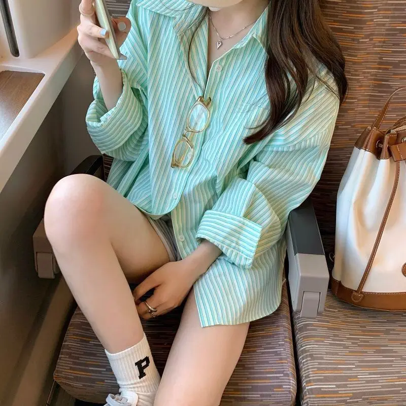 Women's Long Striped Lapel Shirt Light Blue Cotton - Image 5