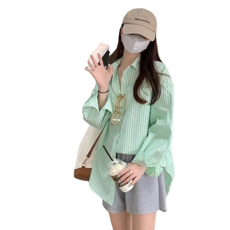 Women's Long Striped Lapel Shirt Light Blue Cotton - Image 7
