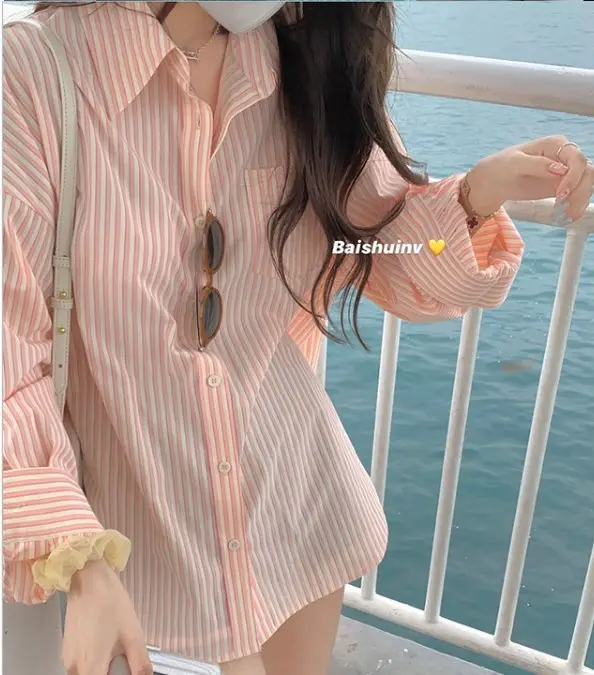 Women's Long Striped Lapel Shirt Light Blue Cotton - Image 2