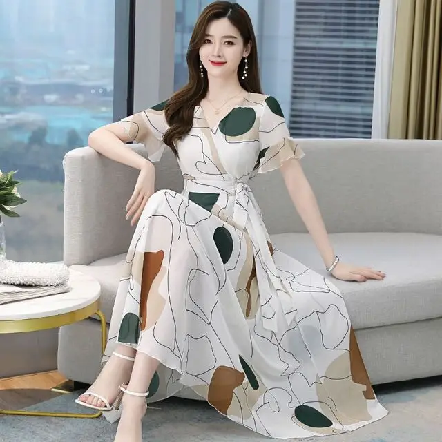 2022 Ice Silk Dress White Green Leaf Print Large Swing Skirt - Image 2
