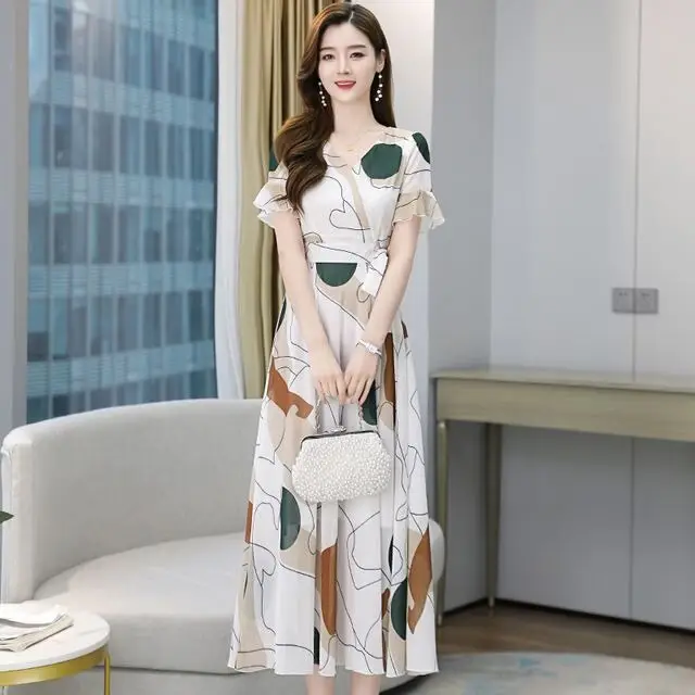 2022 Ice Silk Dress White Green Leaf Print Large Swing Skirt - Image 3