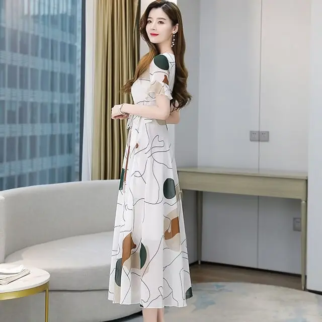 2022 Ice Silk Dress White Green Leaf Print Large Swing Skirt - Image 4