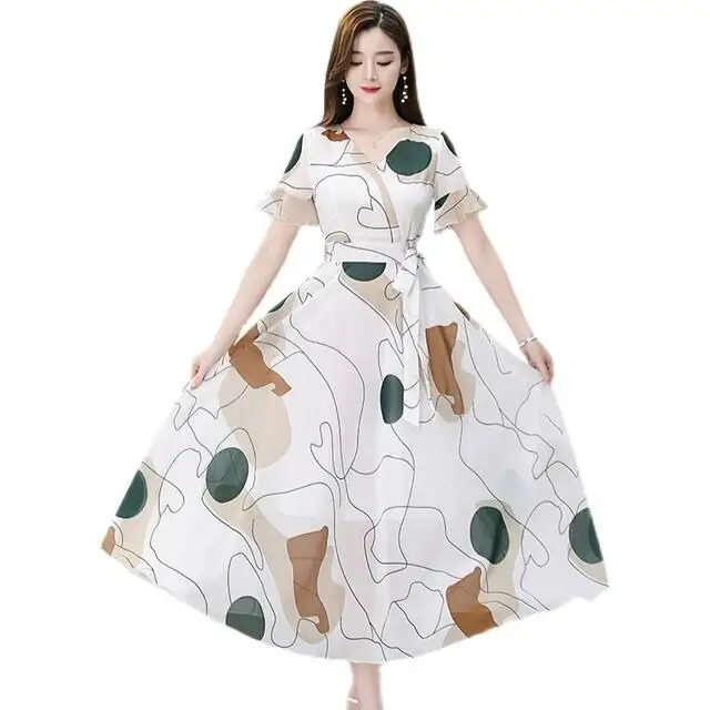 2022 Ice Silk Dress White Green Leaf Print Large Swing Skirt - Image 6