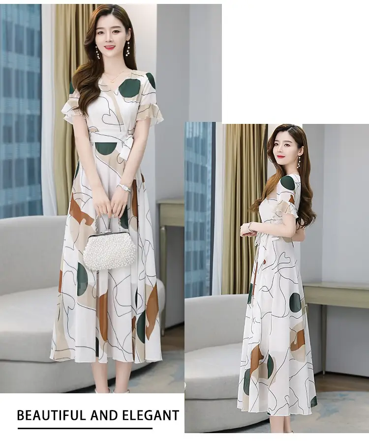2022 Ice Silk Dress White Green Leaf Print Large Swing Skirt — feature 10