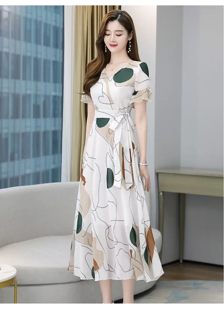 2022 Ice Silk Dress White Green Leaf Print Large Swing Skirt — feature 11