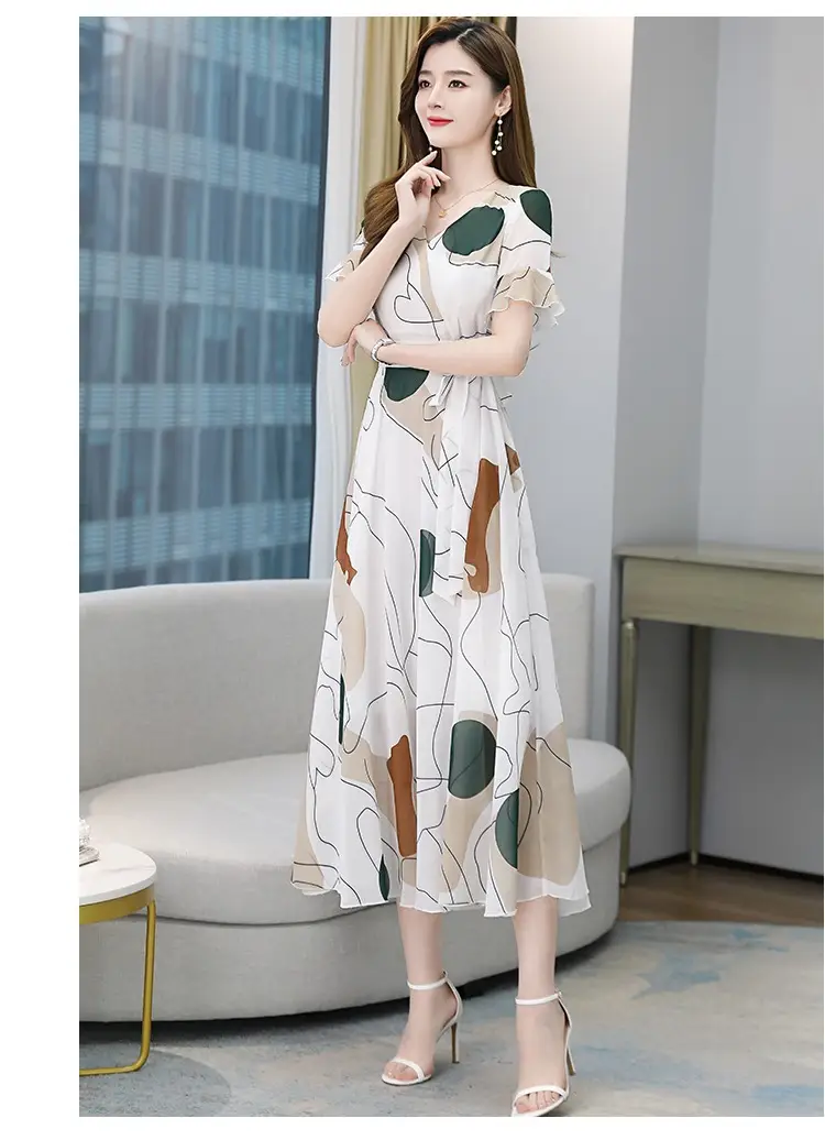 2022 Ice Silk Dress White Green Leaf Print Large Swing Skirt — feature 12