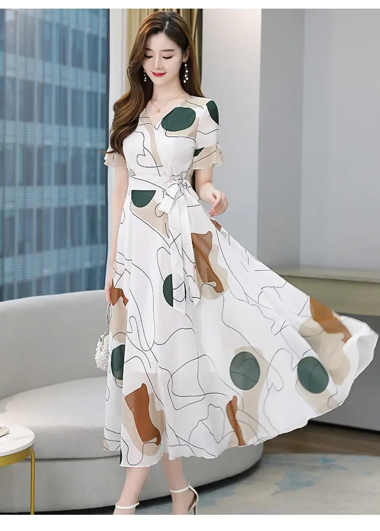 2022 Ice Silk Dress White Green Leaf Print Large Swing Skirt — feature 13