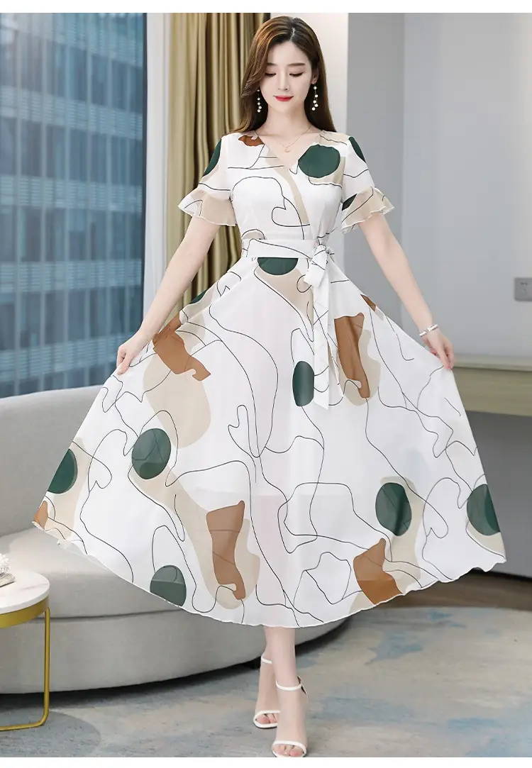 2022 Ice Silk Dress White Green Leaf Print Large Swing Skirt — feature 14