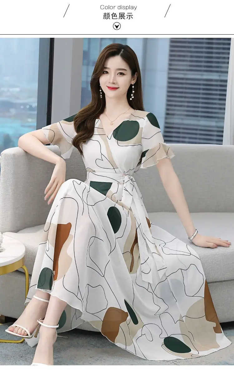 2022 Ice Silk Dress White Green Leaf Print Large Swing Skirt — feature 9