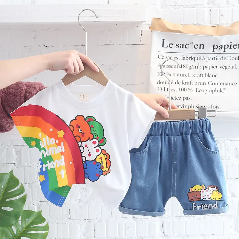Kids Korean Short Sleeve T-Shirt Shorts Set Rainbow Print