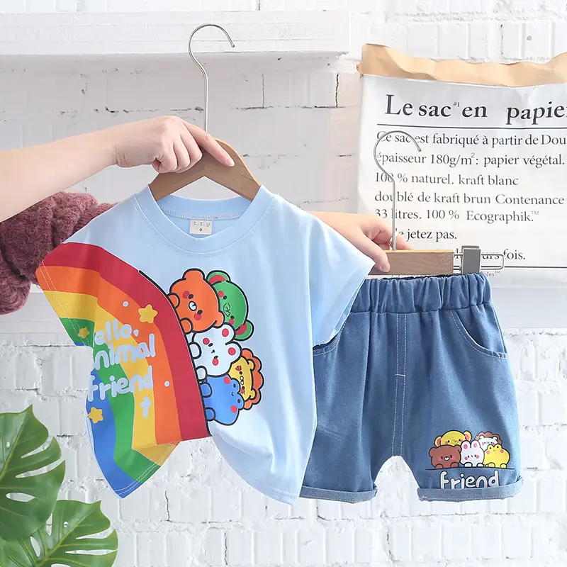 Kids Korean Short Sleeve T-Shirt Shorts Set Rainbow Print