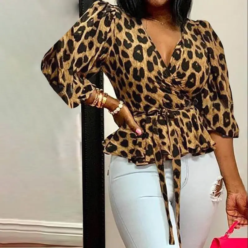 2021 Leopard Print V-Neck Long Sleeve Top Women Large - Image 2
