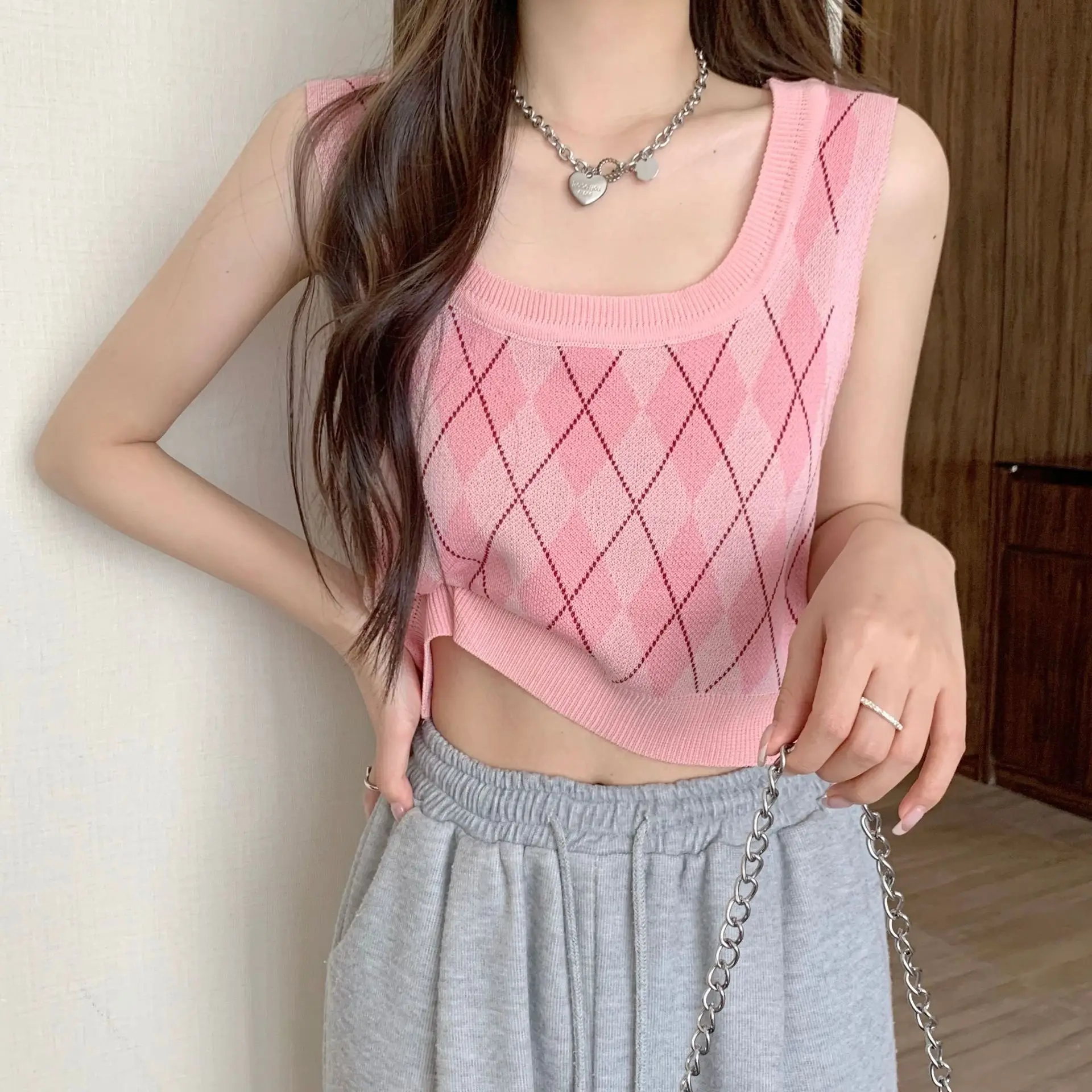 Women's American Style Rhombic Knitted Vest Blue Light Sleeveless - Image 2