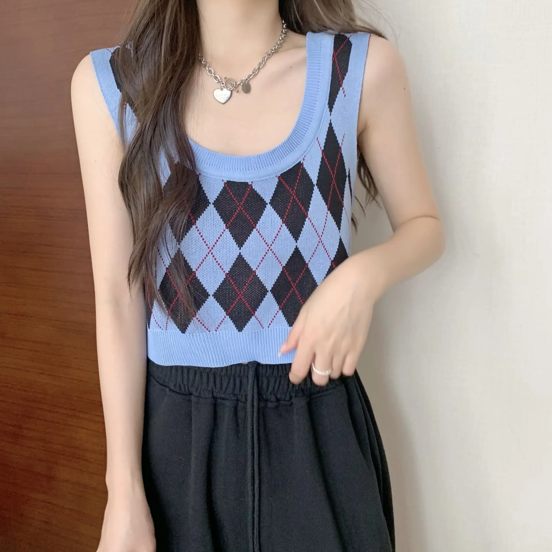 Women's American Style Rhombic Knitted Vest Blue Light Sleeveless - Image 5