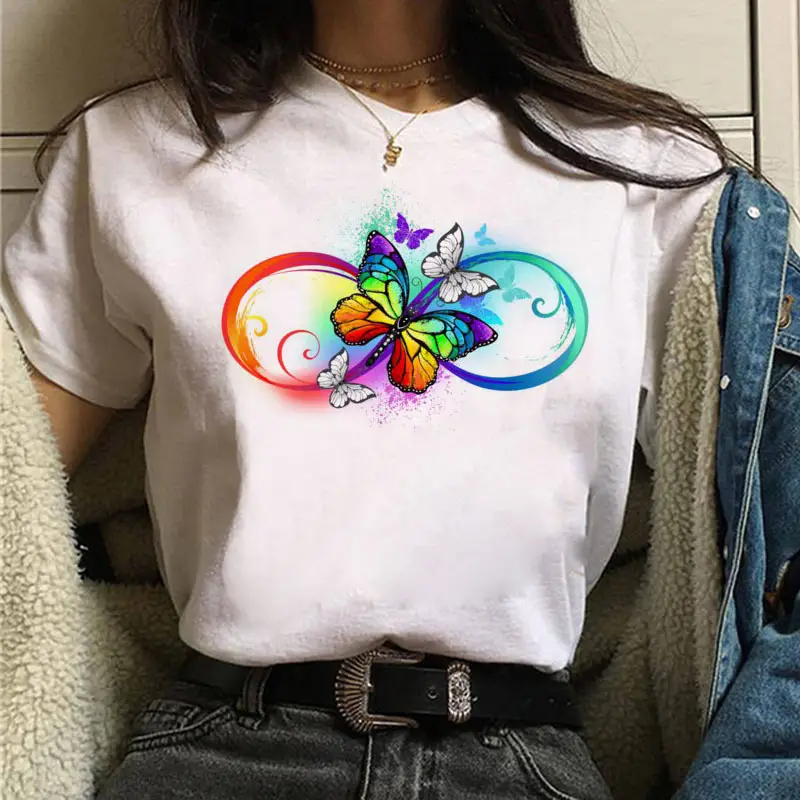Women White Heart Butterfly Printed T-Shirt Short Sleeve - Image 102