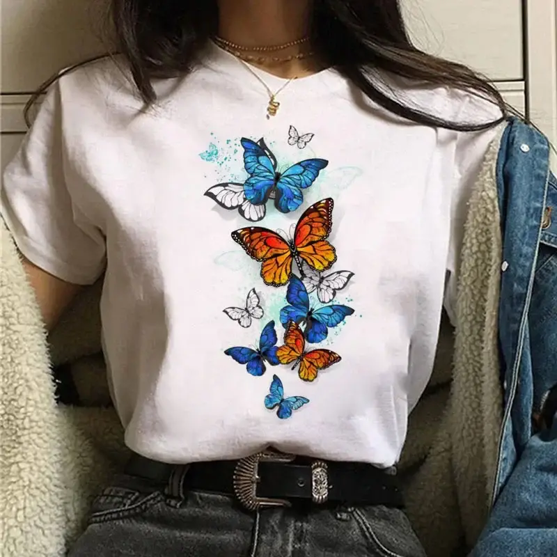 Women White Heart Butterfly Printed T-Shirt Short Sleeve - Image 15