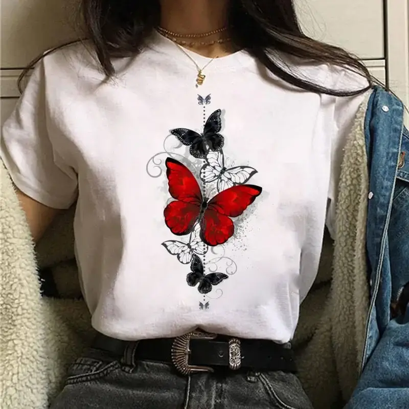Women White Heart Butterfly Printed T-Shirt Short Sleeve - Image 24