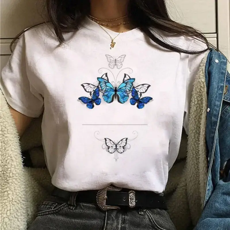 Women White Heart Butterfly Printed T-Shirt Short Sleeve - Image 27