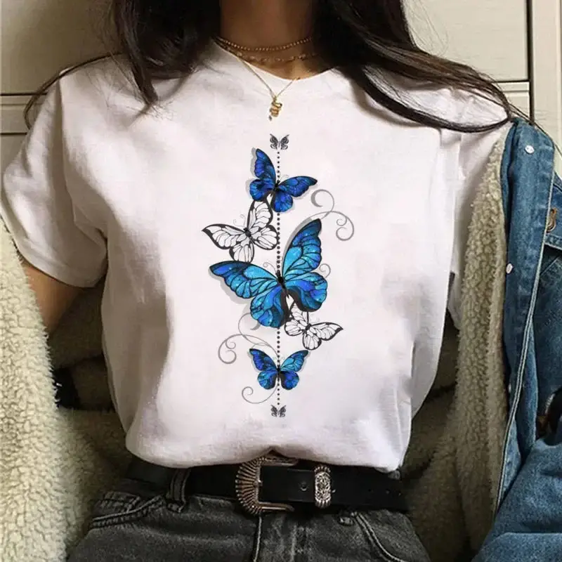 Women White Heart Butterfly Printed T-Shirt Short Sleeve - Image 33