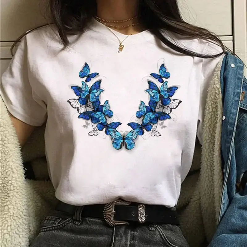Women White Heart Butterfly Printed T-Shirt Short Sleeve - Image 47