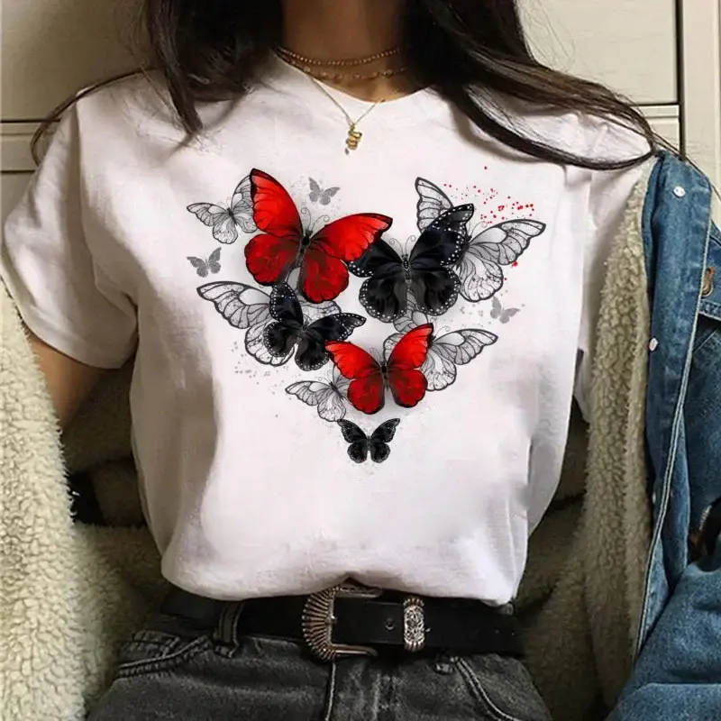 Women White Heart Butterfly Printed T-Shirt Short Sleeve - Image 5