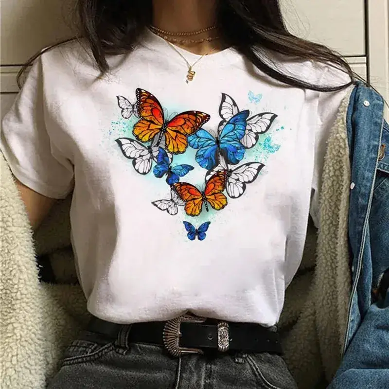 Women White Heart Butterfly Printed T-Shirt Short Sleeve - Image 59