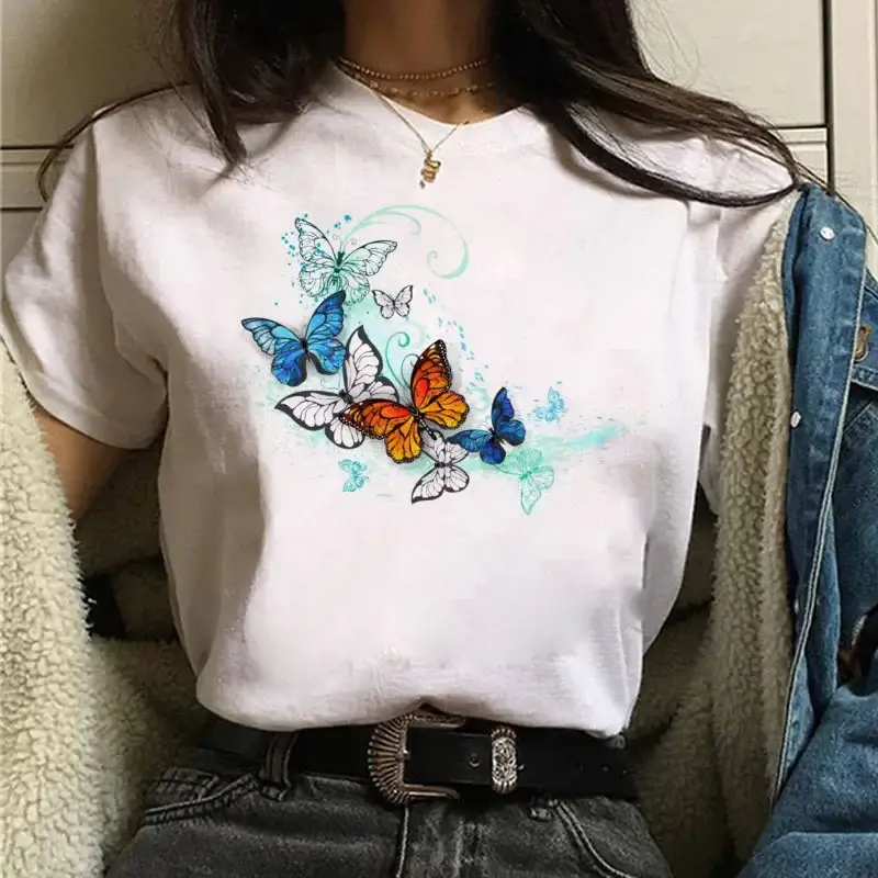 Women White Heart Butterfly Printed T-Shirt Short Sleeve - Image 61