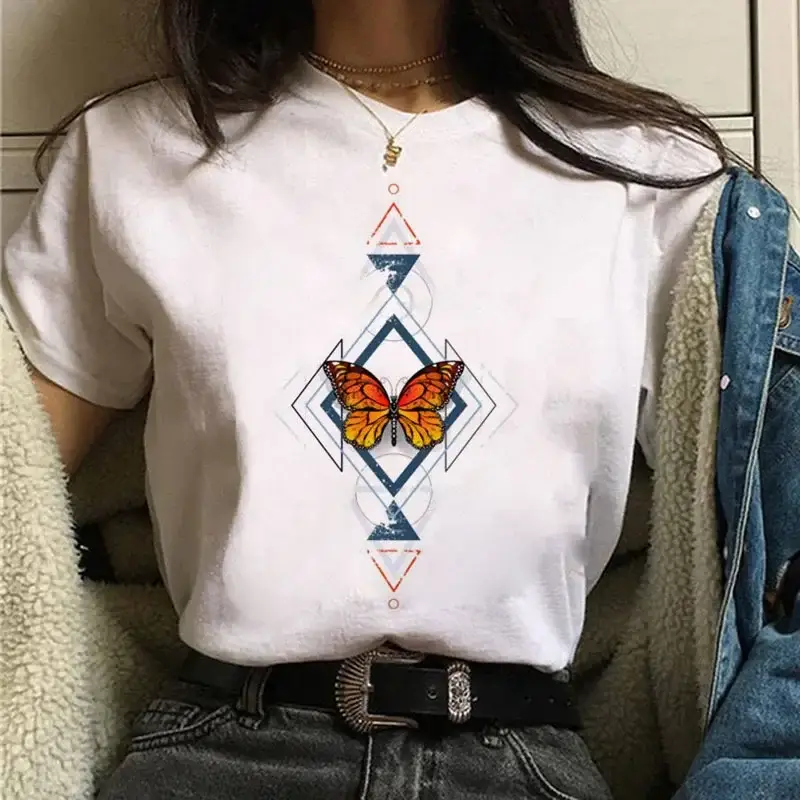 Women White Heart Butterfly Printed T-Shirt Short Sleeve - Image 73