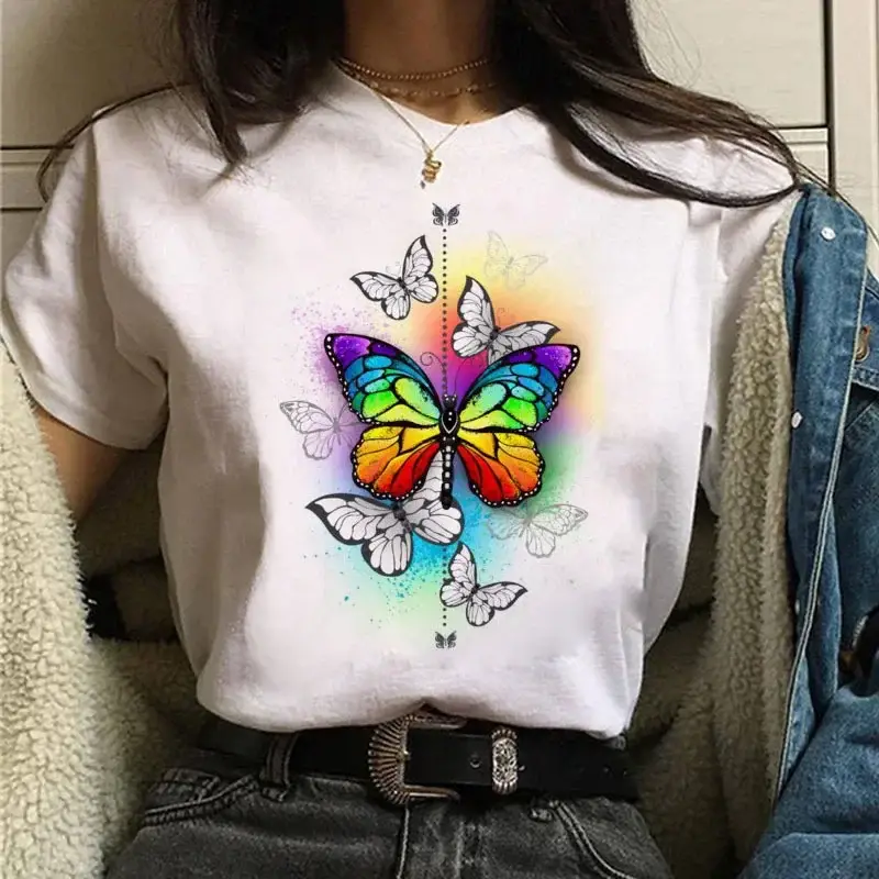 Women White Heart Butterfly Printed T-Shirt Short Sleeve - Image 80