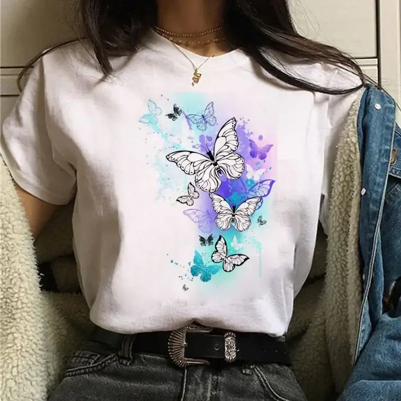 Women White Heart Butterfly Printed T-Shirt Short Sleeve - Image 83
