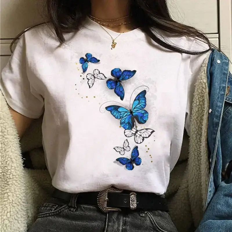 Women White Heart Butterfly Printed T-Shirt Short Sleeve - Image 93