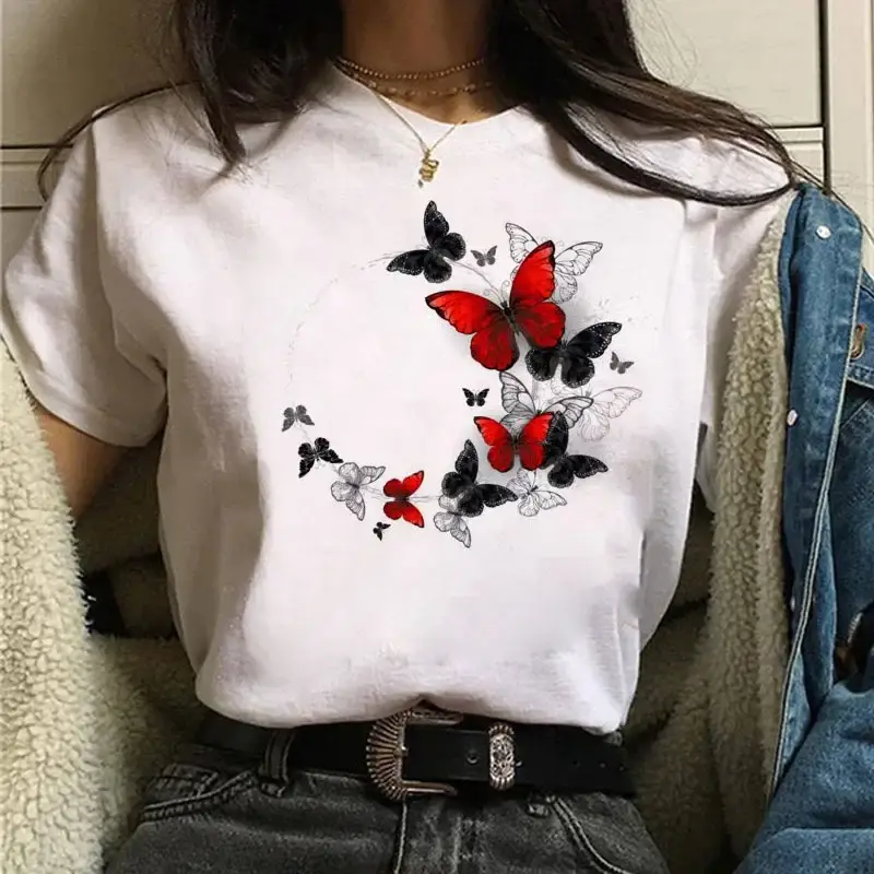 Women White Heart Butterfly Printed T-Shirt Short Sleeve - Image 96