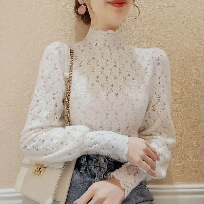 2022 White Lace Half-Turtleneck Women's Sweater - Image 6