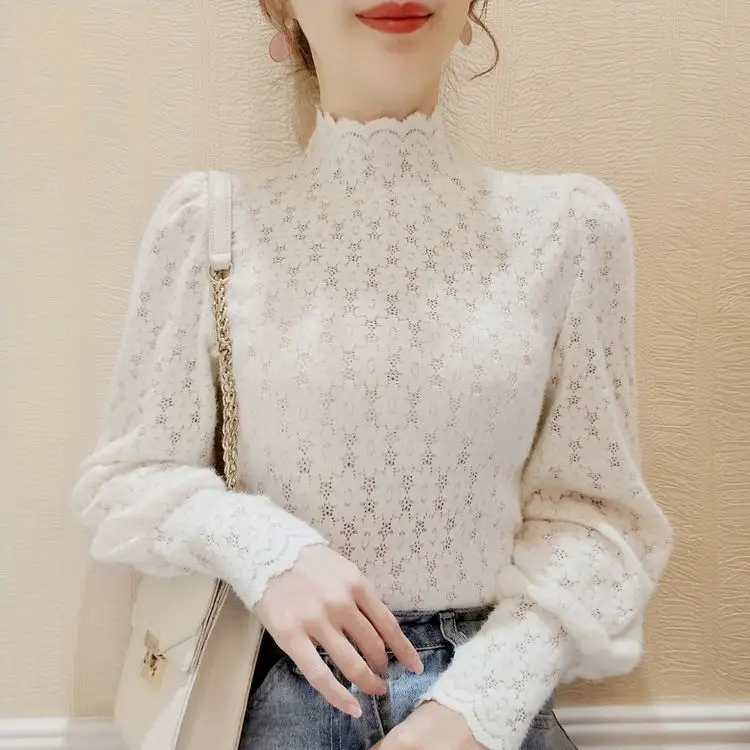 2022 White Lace Half-Turtleneck Women's Sweater - Image 2