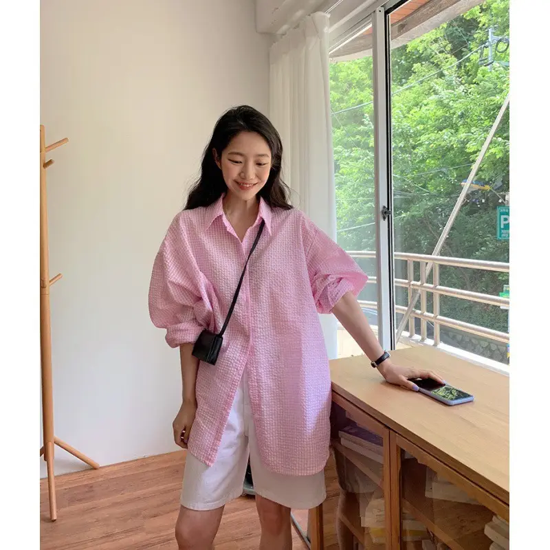Korean Style Lazy Gentle Girl Bubble Cotton Plaid Mid-Length Sun Protection Clothing - Image 4
