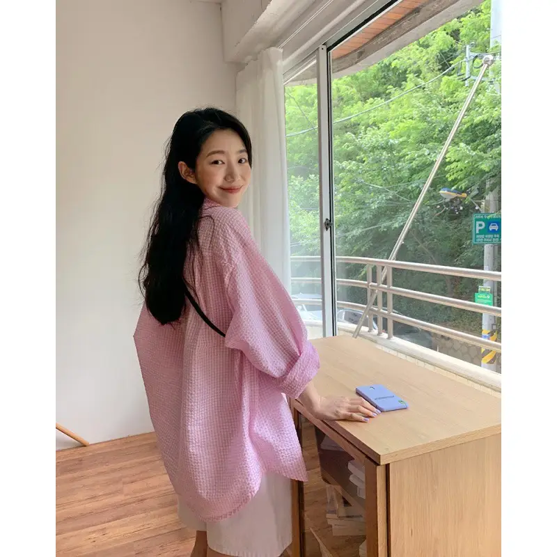 Korean Style Lazy Gentle Girl Bubble Cotton Plaid Mid-Length Sun Protection Clothing - Image 5