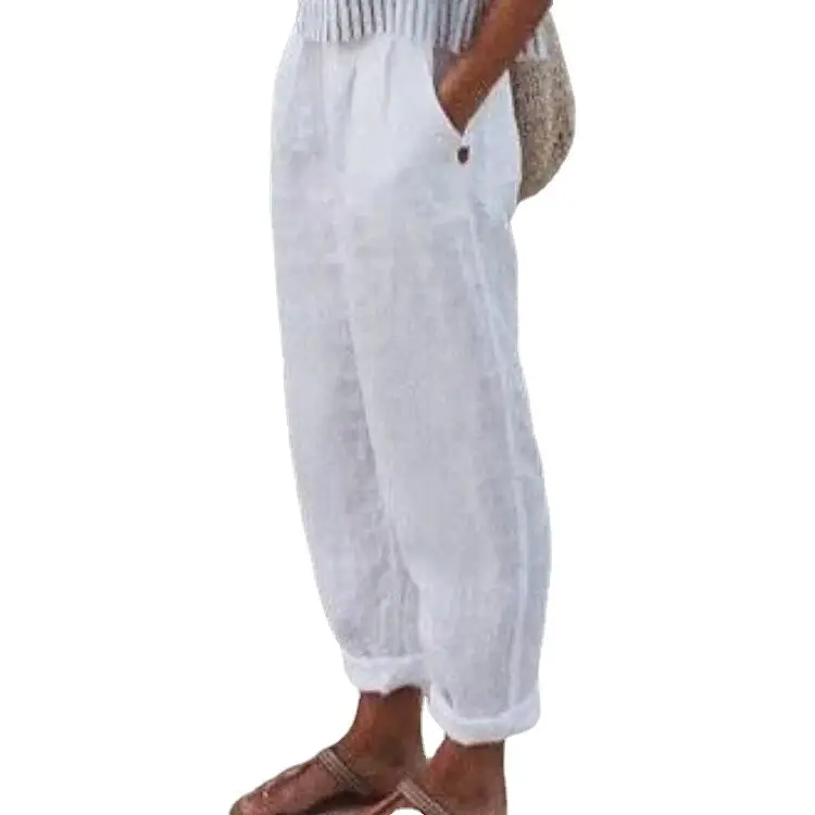 Women's Cotton Linen Cropped Trousers Spring Autumn Casual - Image 6