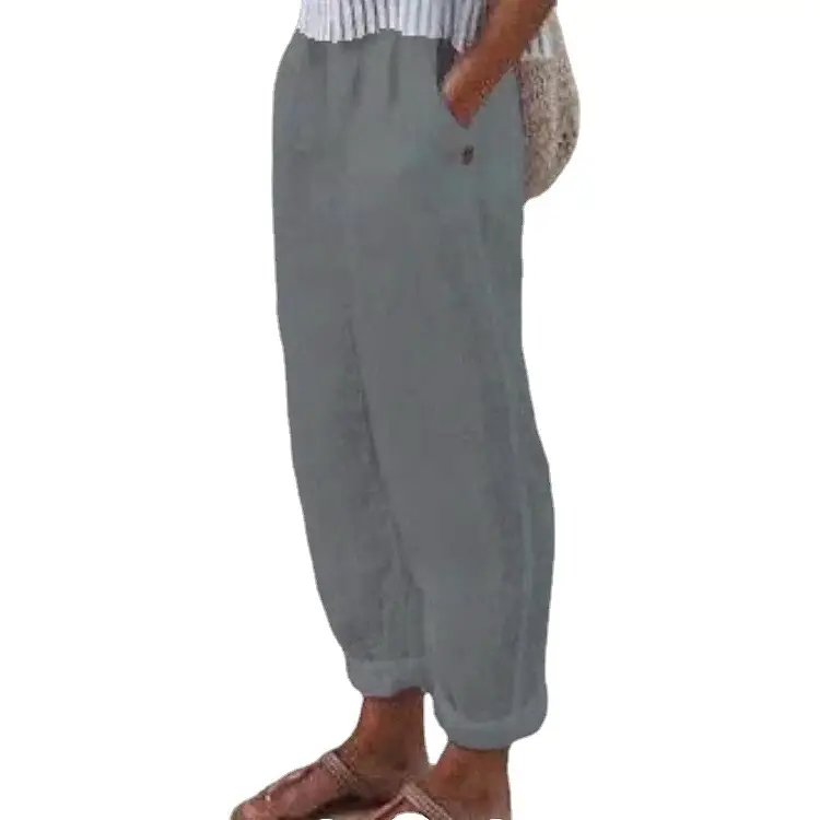 Women's Cotton Linen Cropped Trousers Spring Autumn Casual - Image 7