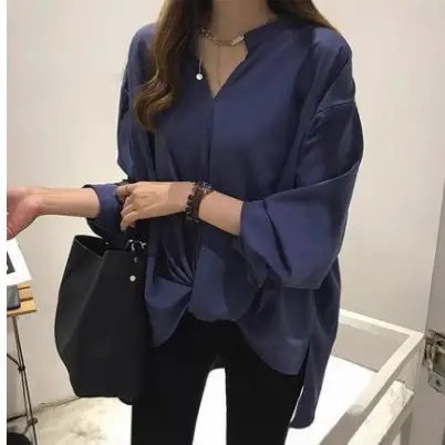 Women Blue Slimming Shirt Long Sleeve Cross Back - Image 5