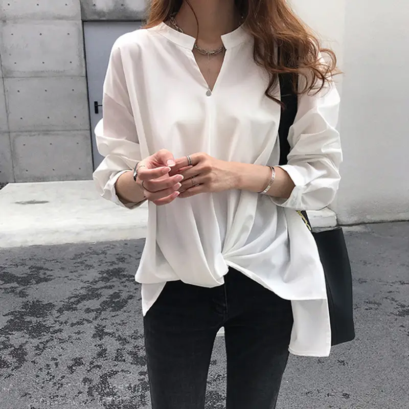 Women Blue Slimming Shirt Long Sleeve Cross Back - Image 7