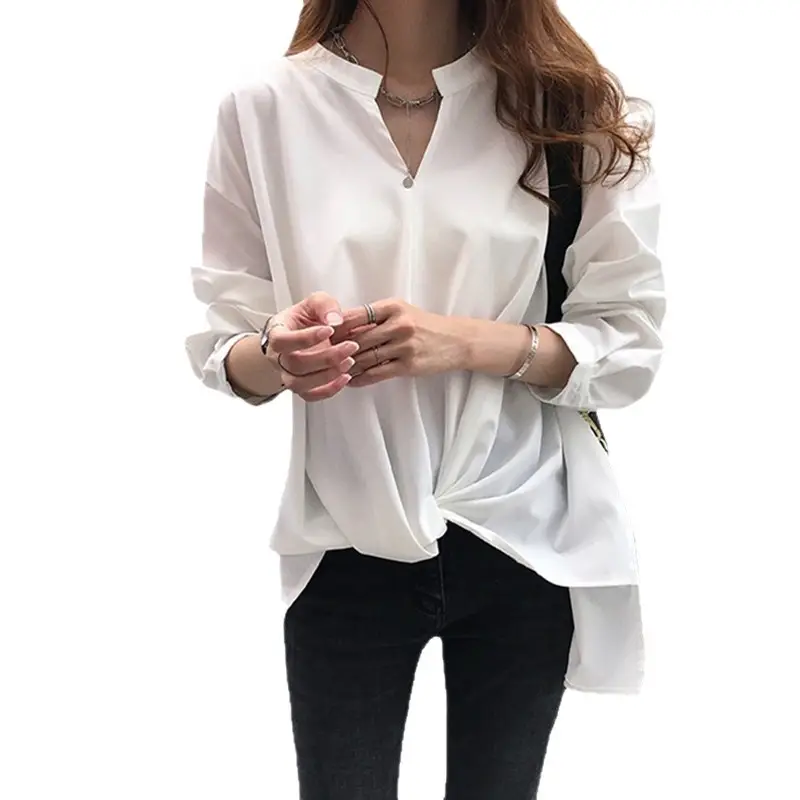 Women Blue Slimming Shirt Long Sleeve Cross Back - Image 8