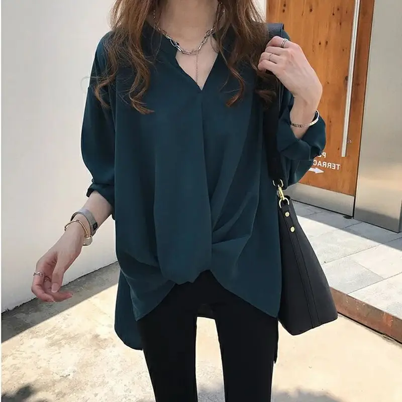 Women Blue Slimming Shirt Long Sleeve Cross Back - Image 2