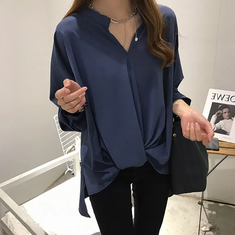 Women Blue Slimming Shirt Long Sleeve Cross Back - Image 3