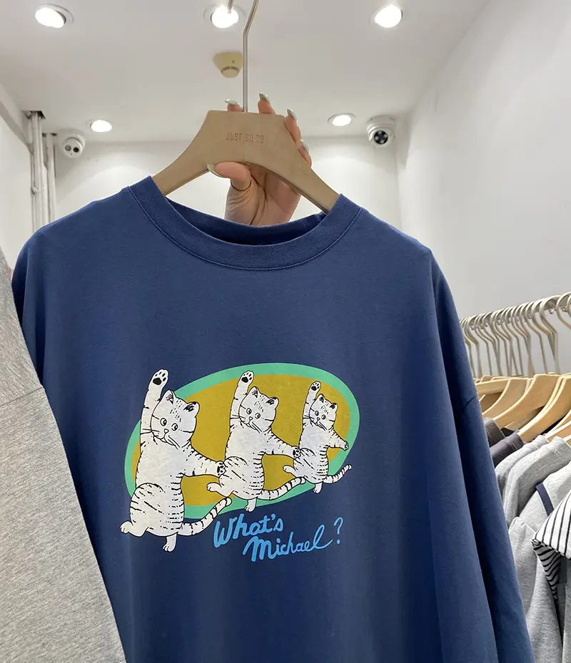 Women Cotton Three Cats T-Shirt Grey Blue Summer Casual