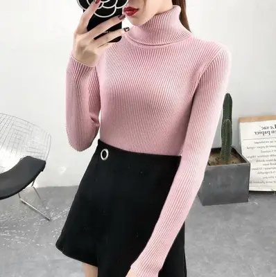 Women Pink Turtleneck Knit Sweater Slim Fit 2024 - Image 3