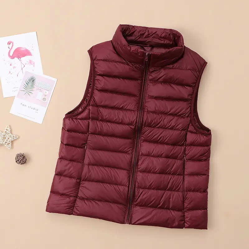 Women's Red Down Vest Korean Style Stand Collar Short Slim Vest - Image 17