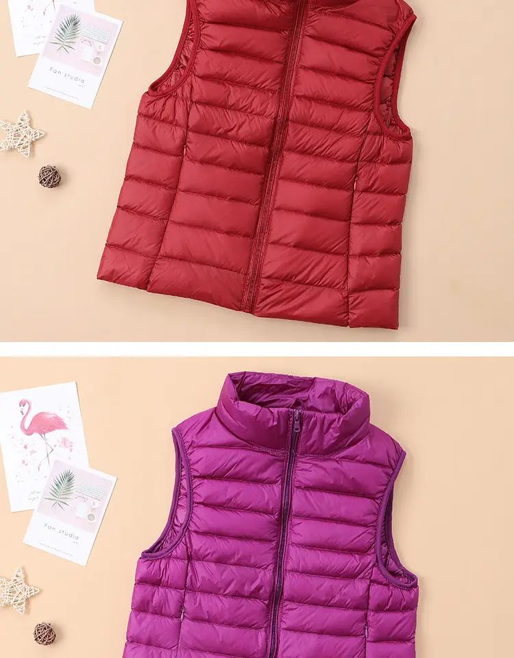 Women's Red Down Vest Korean Style Stand Collar Short Slim Vest — feature 7